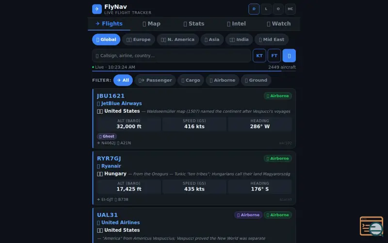 Screenshot of FlyNav — Live Flight Tracker