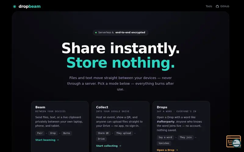 Screenshot of DropBeam — share instantly. store nothing.