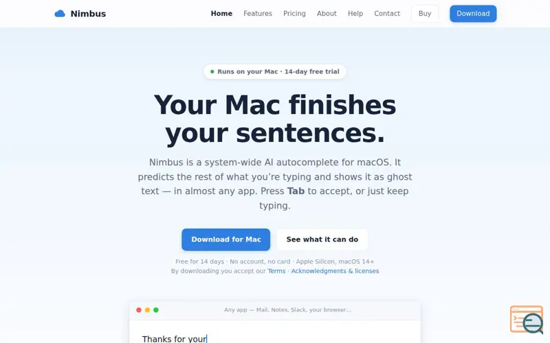 Screenshot of Nimbus — AI autocomplete for your Mac. Private by design.