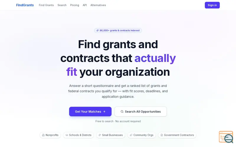 Screenshot of FindGrants