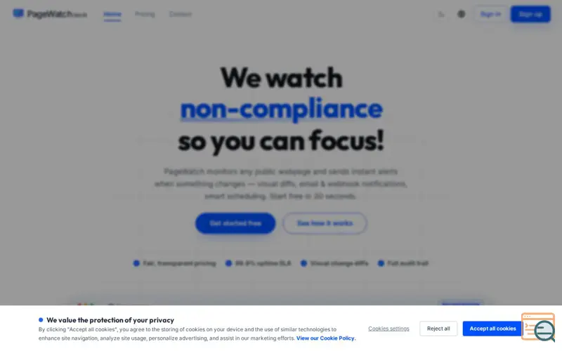 Screenshot of PageWatch — Free Website Change Monitor & Alert Tool | Visual Diff | Visualping & Distill.io Alternative
