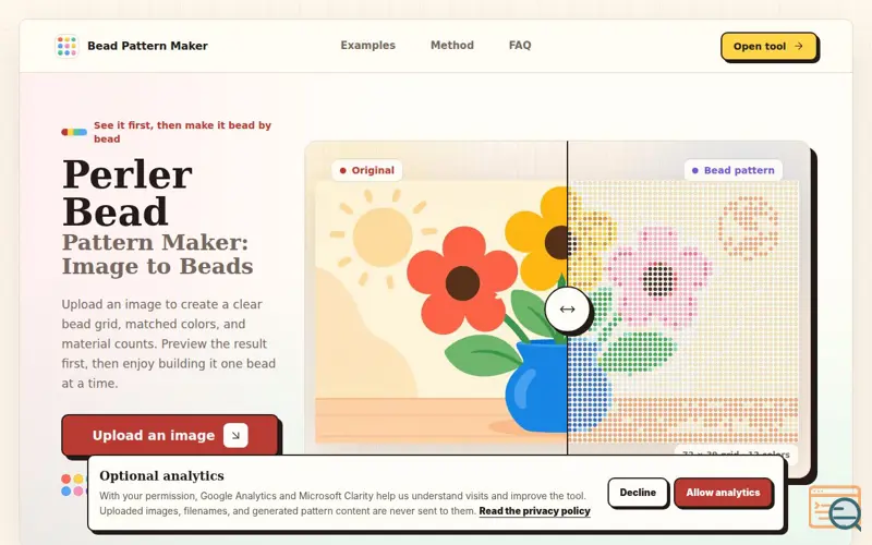 Screenshot of Free Perler Bead Pattern Maker | Image to Perler Beads
