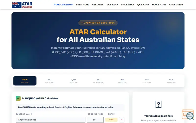 Screenshot of ATAR Calculator, a launch using SpeedyCache