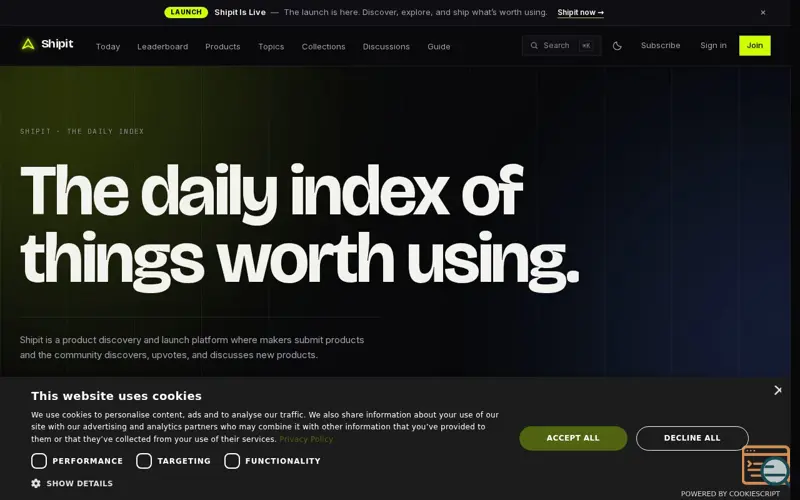 Screenshot of Shipit — Discover products worth using, a launch using Cookie-Script