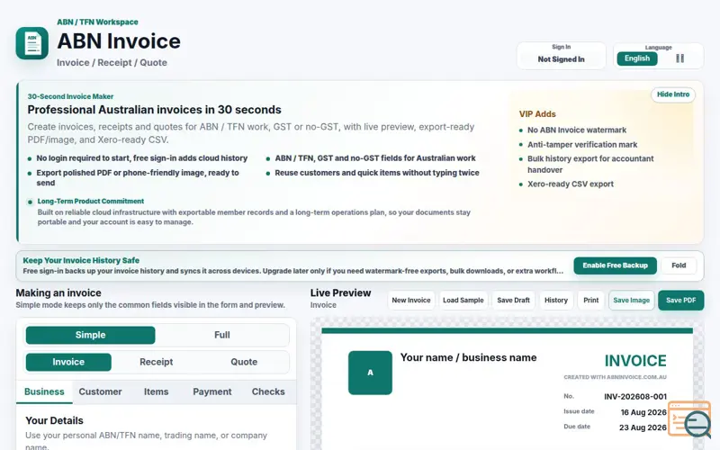 Screenshot of ABN Invoice