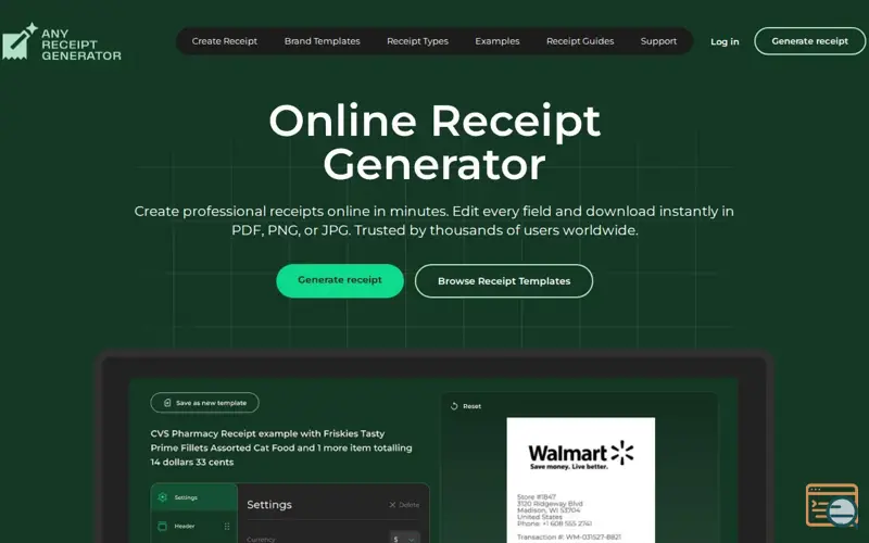 Screenshot of Any Receipt Generator, a launch using Serveriai DNS