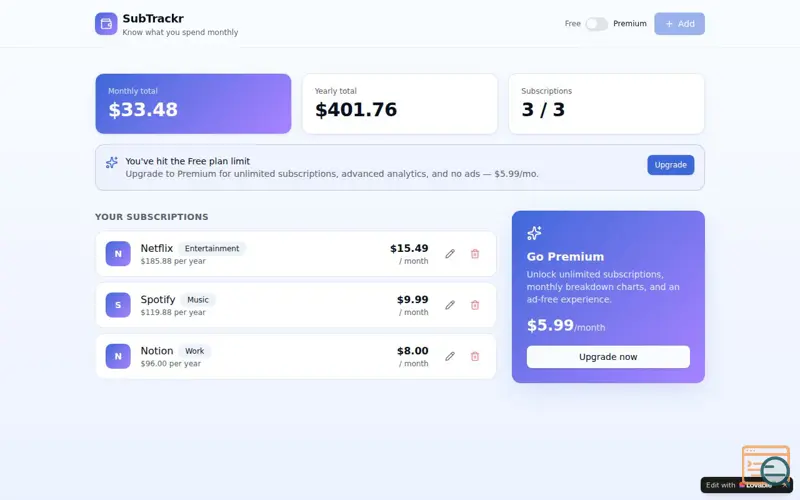Screenshot of SubTrackr — Track your subscriptions