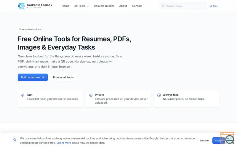 Screenshot of Free Online Tools — Resume Builder, PDF & Image Tools | Codrenix Toolbox