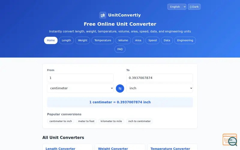 Screenshot of Free Online Unit Converter - Length, Weight, Temperature & More | UnitConvertly