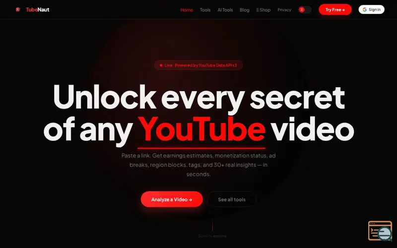 Screenshot of TubeNaut — Free YouTube Video Analyzer & AI Tools | tubenaut.com