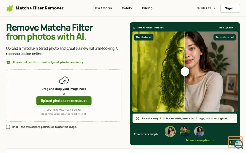 Screenshot of Matcha Filter Remover – Natural AI Reconstruction
