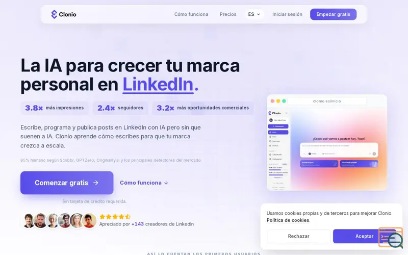 Screenshot of Clonio · AI Posts for LinkedIn