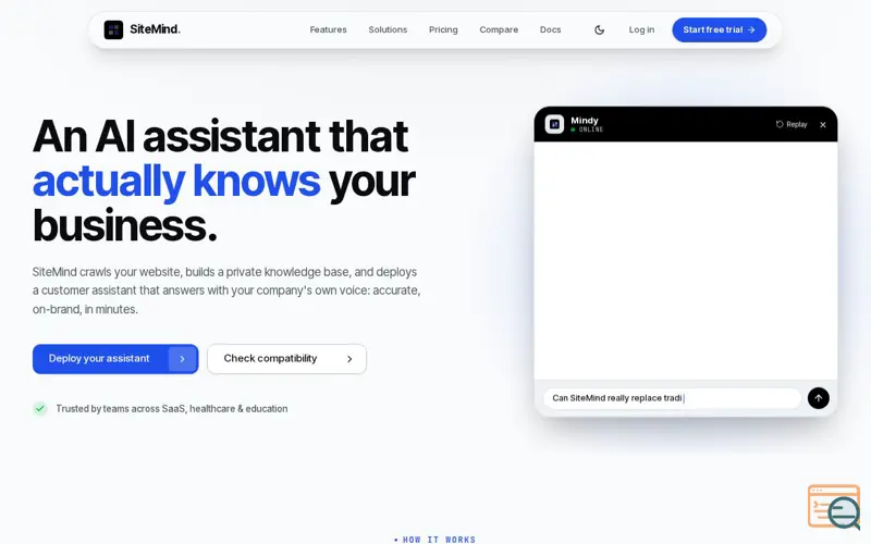 Screenshot of SiteMind — AI Chatbot for Your Website, a launch using SaaS Browser