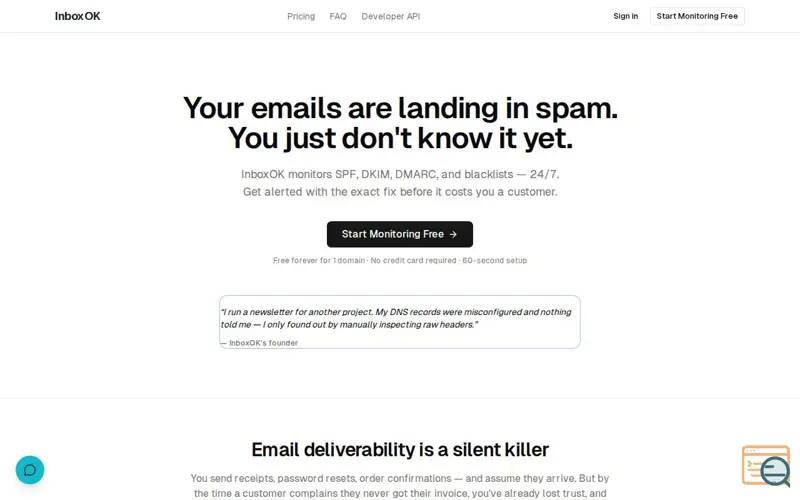Screenshot of InboxOK — Know if your emails hit spam before your customers do