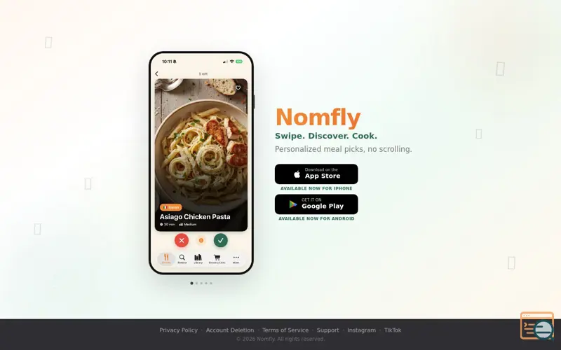 Screenshot of What's for dinner? Let Nomfly decide.