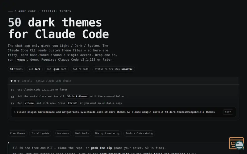 Screenshot of 50 Dark Themes for Claude Code