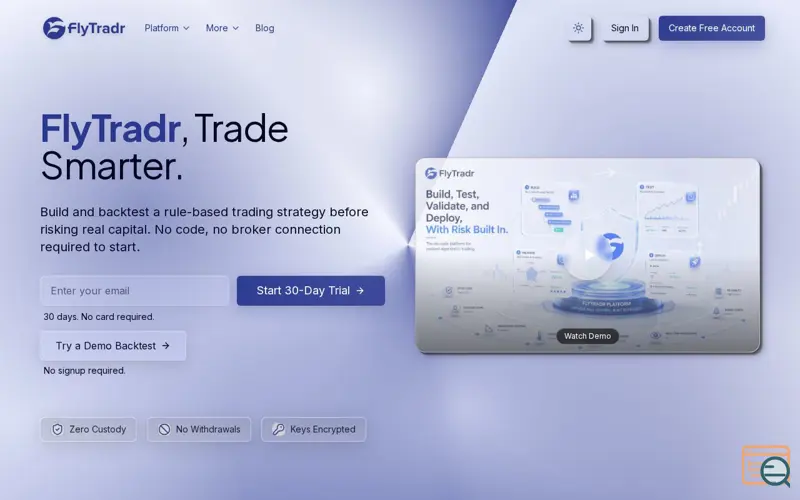 Screenshot of FlyTradr, a launch using Aura++