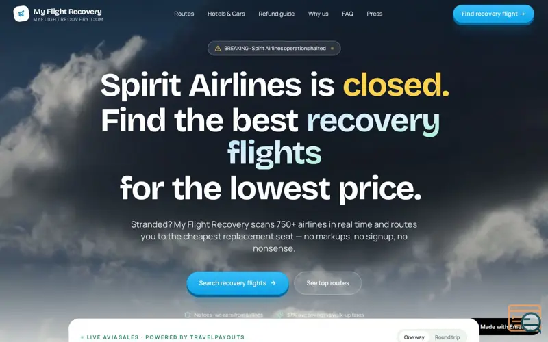 Screenshot of MyFlightRecovery.com, a launch using Kiwi.com