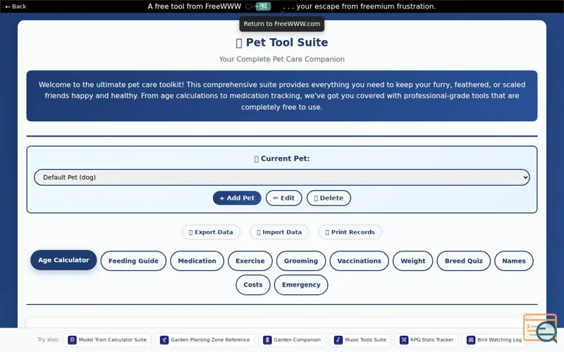 Screenshot of Pet Care Tools Suite