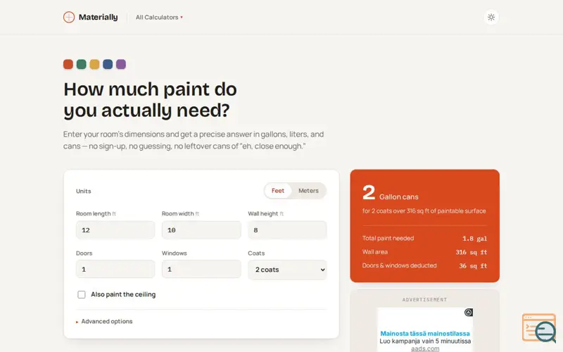 Screenshot of Paint Calculator – How Much Paint Do I Need? | Materially, a launch using A-Ads