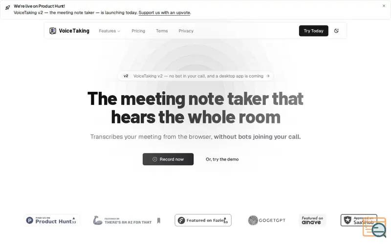 Screenshot of VoiceTaking v2: The meeting note taker, a launch using AInave