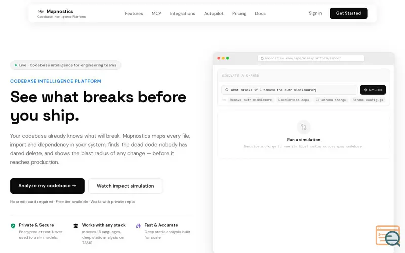 Screenshot of Mapnostics, a launch using AbandonedCart.io