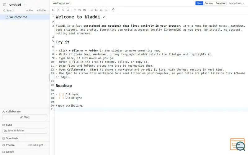 Screenshot of kladdi — your browser scratchpad