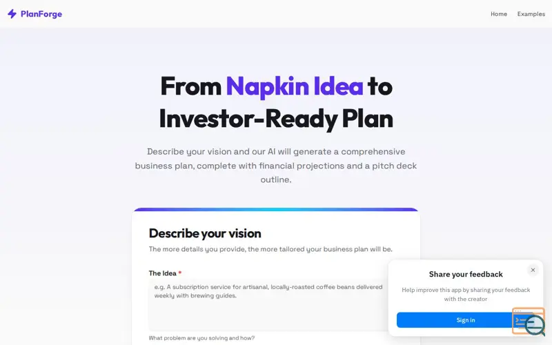 Screenshot of Buisness Plan generator