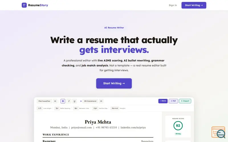Screenshot of Resume Story