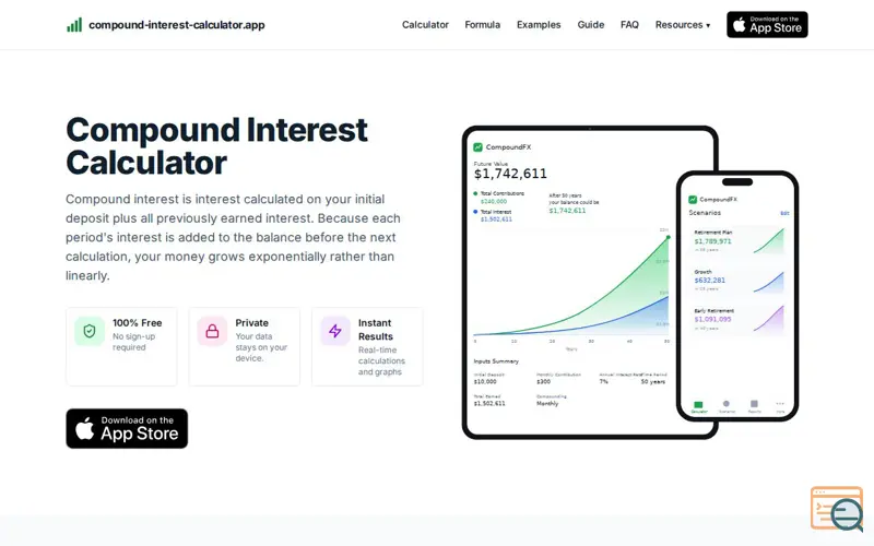 Screenshot of Compound Interest Calculator — Free & Private | CompoundFX