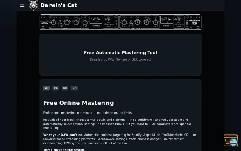 Screenshot of Free Online Audio Mastering Tool, a launch using Directnic