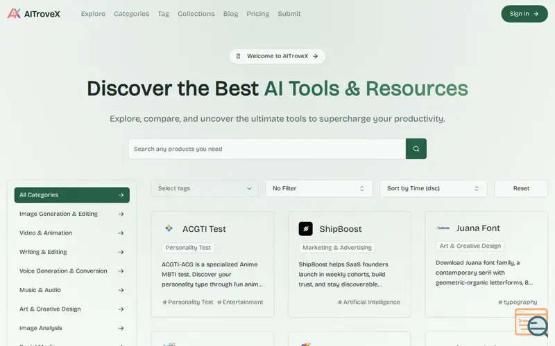 Screenshot of AITroveX Tool Directory