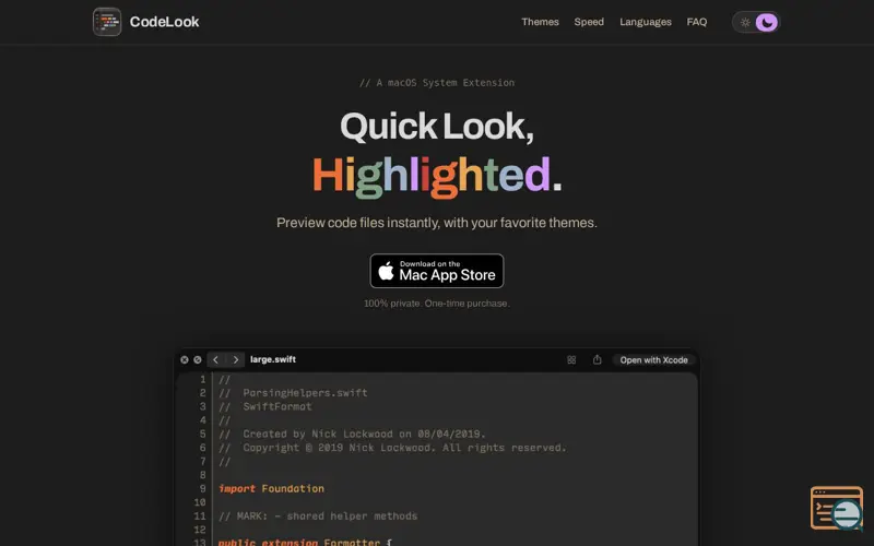 Screenshot of CodeLook — Preview code files instantly, with your favorite themes.