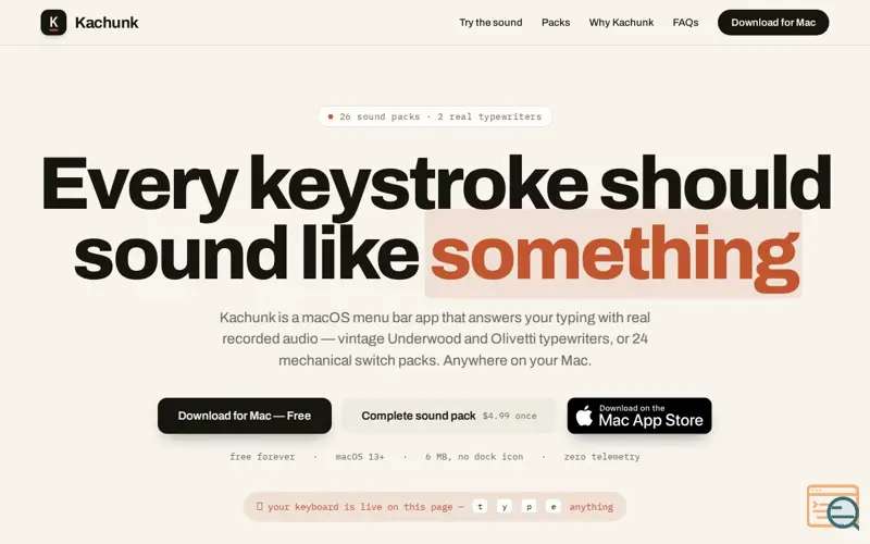 Screenshot of Kachunk — Typewriter & Mechanical Keyboard Sounds for Mac
