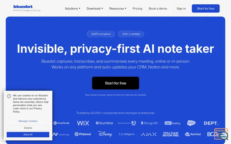 Screenshot of Bluedot 2.1, a launch using Enzuzo