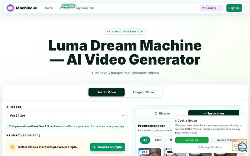 Screenshot of Luma Dream Machine, a launch using AgentHunter