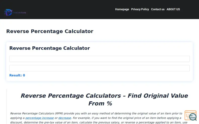 Screenshot of Reverse Percentage Calculator