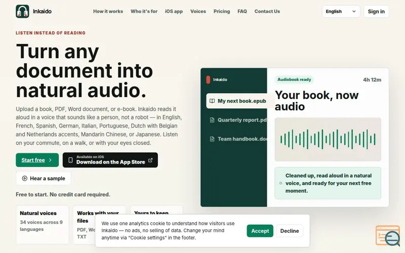 Screenshot of Inkaido — Turn PDFs, EPUBs & Documents into Natural Audio