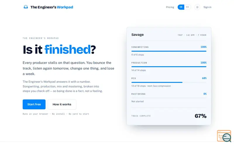 Screenshot of The Engineer's Workpad — Know when your track is actually finished