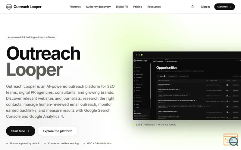 Screenshot of AI Link Building Outreach Software | Outreach Looper