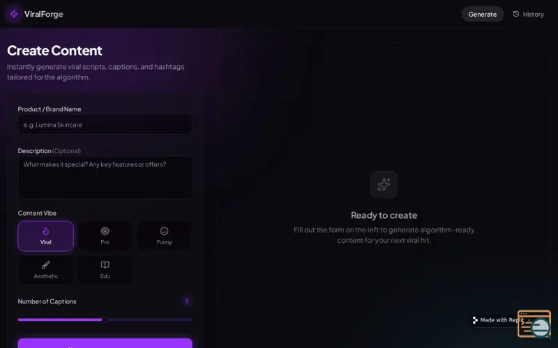 Screenshot of TikTok Caption & Script Generator