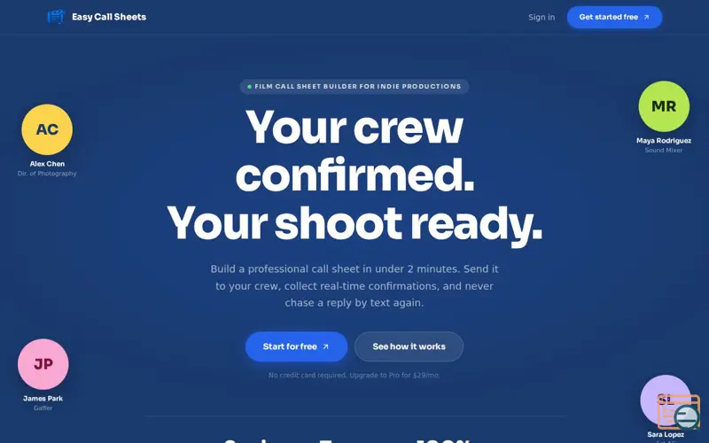 Screenshot of Easy Call Sheets