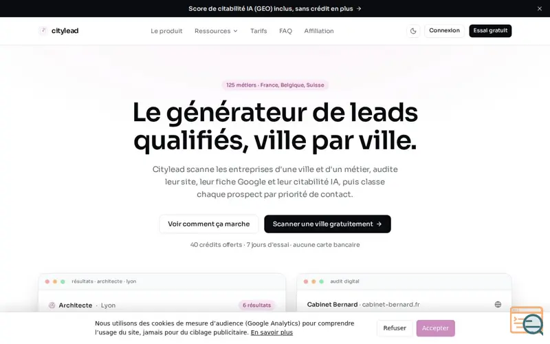Screenshot of Générateur de leads qualifiés, ville par ville | CityLead