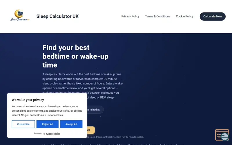 Screenshot of Sleep Calculator UK, a launch using Astra