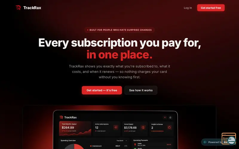 Screenshot of "TrackRax — Track every subscription"
