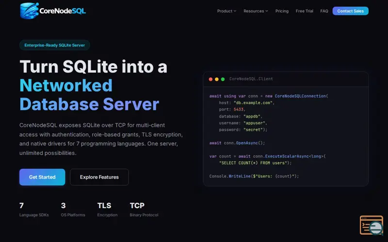 Screenshot of CoreNodeSQL, a launch using OpenResty