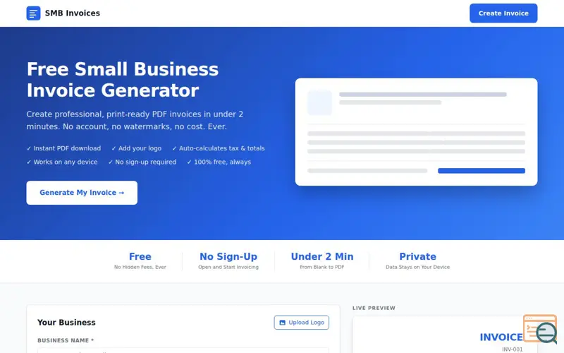 Screenshot of Small Business Invoice Generator