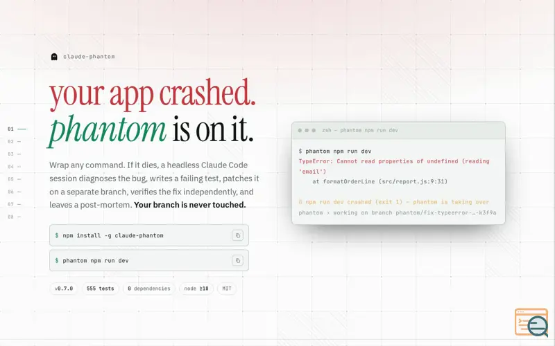 Screenshot of claude-phantom — your app crashed. phantom is on it.
