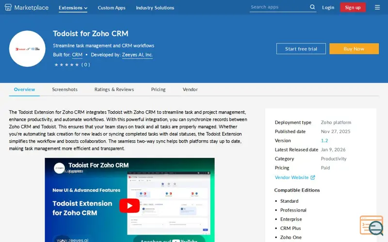 Screenshot of Todoist for Zoho CRM