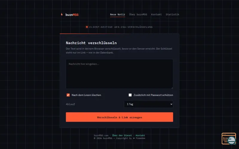 Screenshot of burnMSG.com, a launch using ALL-INKL.COM Email